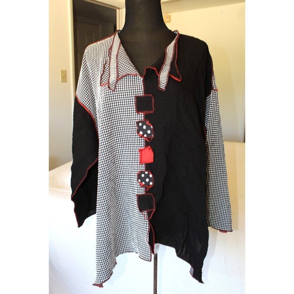 XIAO Patchwork Artsy Top Size XL Color Block Blouse USA 3/4 sleeves asymmetrical